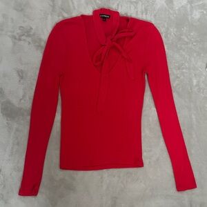 Express Red Top with Bow V Neck Long Sleeve Ribbed Stretchy Shirt
